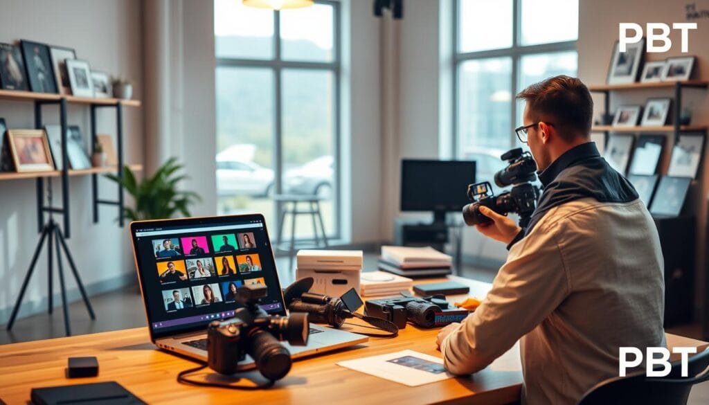 A modern photography studio workspace, showcasing an organized workflow for photographers. In the foreground, a photographer in professional attire is reviewing images on a sleek laptop, with color-coded folders displayed on the screen. Middle ground features a well-organized table with camera gear, memory cards, and an efficient queue system for client photos. In the background, soft natural light pours through large windows, illuminating shelves of printed portfolios and framed photos. The atmosphere is productive and inspiring, filled with vibrant colors and warm tones, reflecting a culture of quality control and fast turnaround. This image embodies the essence of optimizing workflow in photography, with the brand "PBT" subtly integrated into the studio decor. A modern photography studio workspace, showcasing an organized workflow for photographers. In the foreground, a photographer in professional attire is reviewing images on a sleek laptop, with color-coded folders displayed on the screen. Middle ground features a well-organized table with camera gear, memory cards, and an efficient queue system for client photos. In the background, soft natural light pours through large windows, illuminating shelves of printed portfolios and framed photos. The atmosphere is productive and inspiring, filled with vibrant colors and warm tones, reflecting a culture of quality control and fast turnaround. This image embodies the essence of optimizing workflow in photography, with the brand "PBT" subtly integrated into the studio decor.
