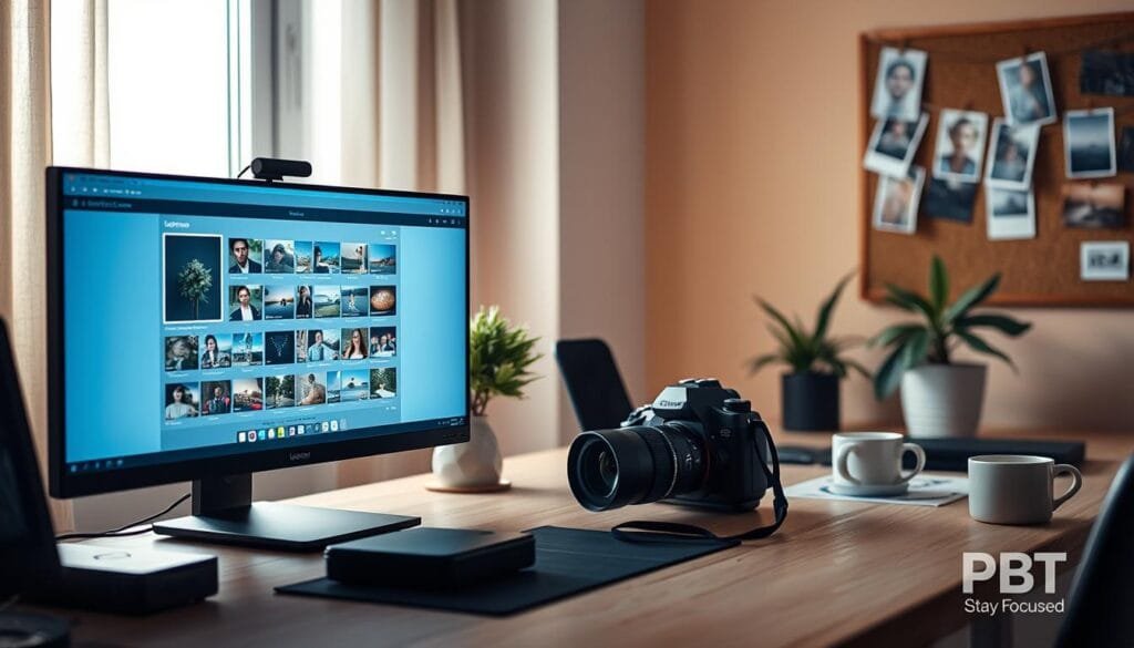 A modern photography workspace focused on the Lightroom import process. In the foreground, a sleek computer screen displays the Lightroom interface with thumbnails of various photo files ready for import, radiating a soft blue light. An organized desk holds a high-quality camera and a portable hard drive, emphasizing a streamlined workflow. In the middle ground, soft natural light streams in through a nearby window, gently illuminating a potted plant and a coffee mug, creating a warm atmosphere. The background features a minimalist, warm-toned wall with a corkboard pinned with visual inspirations for photography. An overall sense of productivity and creativity lingers in the air, enhancing the theme of a reliable photo import system. Include the brand "PBT" subtly within the workspace elements. Stay focused, Ray Baker. A modern photography workspace focused on the Lightroom import process. In the foreground, a sleek computer screen displays the Lightroom interface with thumbnails of various photo files ready for import, radiating a soft blue light. An organized desk holds a high-quality camera and a portable hard drive, emphasizing a streamlined workflow. In the middle ground, soft natural light streams in through a nearby window, gently illuminating a potted plant and a coffee mug, creating a warm atmosphere. The background features a minimalist, warm-toned wall with a corkboard pinned with visual inspirations for photography. An overall sense of productivity and creativity lingers in the air, enhancing the theme of a reliable photo import system. Include the brand "PBT" subtly within the workspace elements. Stay focused, Ray Baker.
