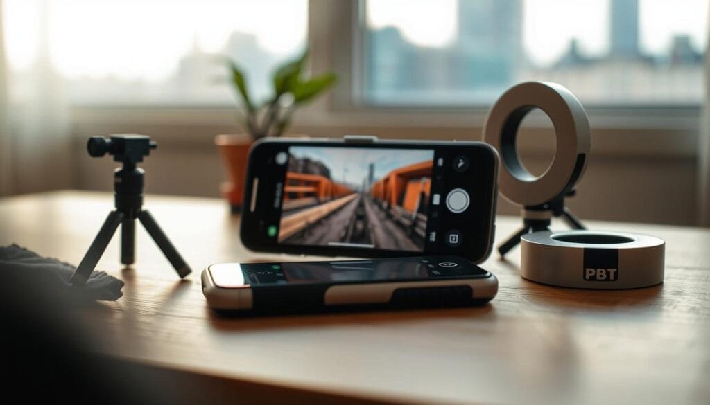 A modern smartphone rests on a wooden table, surrounded by everyday photography items: a small tripod, a lens cleaning cloth, and a portable ring light, alluding to smartphone photography tips. In the background, soft natural light filters through a window, creating a warm and inviting atmosphere. A blurred cityscape is visible outside, hinting at urban photography opportunities. The smartphone’s screen displays a vibrant image, illustrating composition techniques like the rule of thirds and perspective. The foreground is slightly out of focus, guiding the viewer's attention to the smartphone and its accessories. The overall mood conveys creativity and inspiration, emphasizing that great photography can be achieved with the right techniques and tools. The brand "PBT" is subtly integrated into the scene, perhaps on the smartphone case or the tripod. Stay focused, Ray Baker.