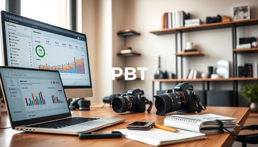 A modern workspace for a photography business featuring an advanced tracking software interface displayed on a large computer monitor. In the foreground, a sleek laptop shows detailed analytics and subscriptions for editing tools, with colorful charts and expense reports. In the middle ground, a stylish office desk with a professional camera and a smartphone is visible, alongside a notepad filled with notes. The background reveals a well-organized shelving unit with photography books and tools. Soft, natural light filters through the window, creating a warm, inviting atmosphere. The overall mood is focused and productive, ideal for business success. Incorporate the brand name "PBT" into the software interface.