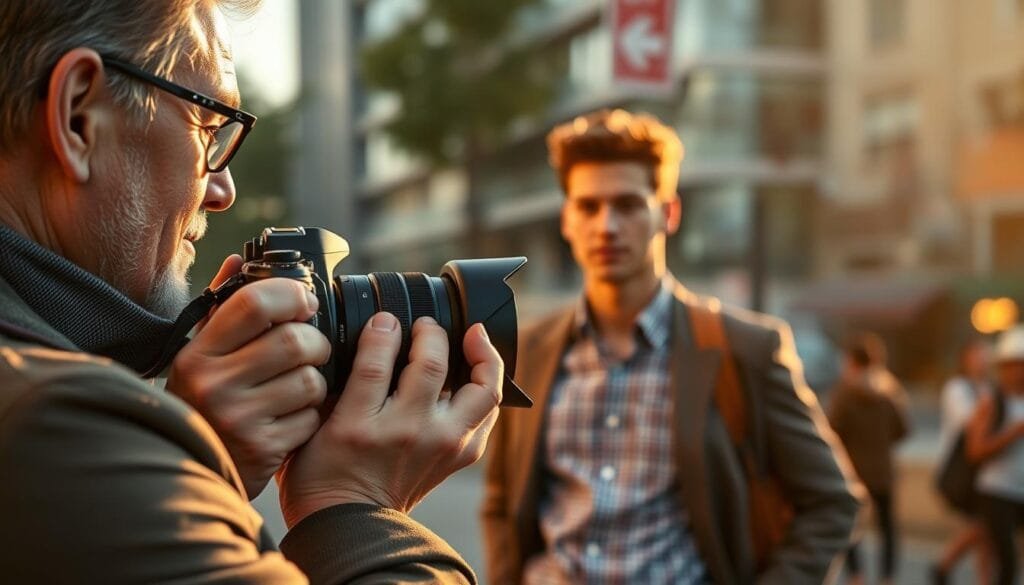 A portrait of a professional photographer capturing a model outdoors in soft, natural lighting. The foreground features the photographer, a middle-aged individual in stylish yet professional attire, holding a high-quality camera fitted with a 85mm lens from the brand PBT. In the middle ground, the model, dressed in smart casual clothing, is posed thoughtfully against a gently blurred urban backdrop of vibrant city life. Soft bokeh highlights the model, emphasizing the importance of depth of field in portrait photography. The scene is bathed in warm, golden hour light, creating an inviting and dynamic atmosphere. The composition showcases the interaction between the subject and the environment, reflecting how different lenses can enhance portrait work. Stay focused, Ray Baker.