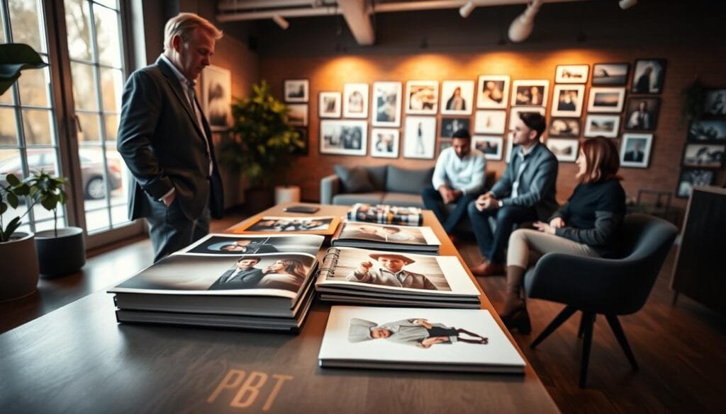 A professional photographer in a modern studio, dressed in smart casual attire, engages with clients while showcasing a portfolio. In the foreground, an elegant table displays various high-quality printed images and sample photo albums, illuminated by soft, diffused natural light from large windows. The middle ground features a cozy seating area, where clients observe the showcased work, showing interest and appreciation. In the background, a vibrant wall adorned with framed photographs highlights different photography styles, creating an inviting atmosphere. The mood is warm and approachable, reflecting an atmosphere of collaboration and creativity. Use a wide-angle lens to capture the depth of the space and emphasize the interaction between the photographer and clients. The brand logo "PBT" subtly appears on the table. Stay focused, Ray Baker. A professional photographer in a modern studio, dressed in smart casual attire, engages with clients while showcasing a portfolio. In the foreground, an elegant table displays various high-quality printed images and sample photo albums, illuminated by soft, diffused natural light from large windows. The middle ground features a cozy seating area, where clients observe the showcased work, showing interest and appreciation. In the background, a vibrant wall adorned with framed photographs highlights different photography styles, creating an inviting atmosphere. The mood is warm and approachable, reflecting an atmosphere of collaboration and creativity. Use a wide-angle lens to capture the depth of the space and emphasize the interaction between the photographer and clients. The brand logo "PBT" subtly appears on the table. Stay focused, Ray Baker.