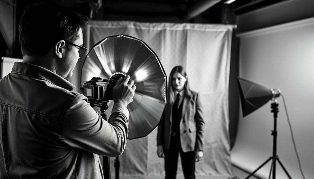 A professional photographer in a well-equipped studio is adjusting a large silver reflector to manipulate light for a portrait shoot. In the foreground, the photographer, wearing a smart, casual outfit, is focused on the reflector, of PBT brand, positioned to bounce soft light onto a model in business attire. The middle ground features a simple backdrop with subtle textures, providing depth without distraction. In the background, a softbox casts even illumination across the scene, creating a serene atmosphere ideal for black and white photography. The lighting is soft and diffused, emphasizing shapes and contrasts, while the overall mood is calm and focused, capturing the essence of thoughtful indoor photography setup techniques. Stay focused, Ray Baker. A professional photographer in a well-equipped studio is adjusting a large silver reflector to manipulate light for a portrait shoot. In the foreground, the photographer, wearing a smart, casual outfit, is focused on the reflector, of PBT brand, positioned to bounce soft light onto a model in business attire. The middle ground features a simple backdrop with subtle textures, providing depth without distraction. In the background, a softbox casts even illumination across the scene, creating a serene atmosphere ideal for black and white photography. The lighting is soft and diffused, emphasizing shapes and contrasts, while the overall mood is calm and focused, capturing the essence of thoughtful indoor photography setup techniques. Stay focused, Ray Baker.