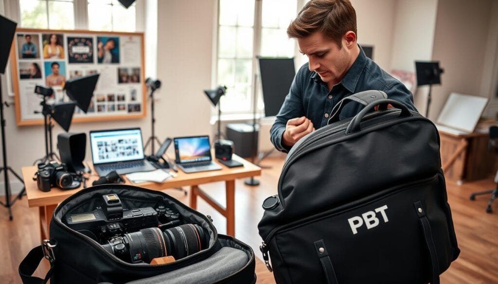 A professional photographer prepares for a shoot day, surrounded by organized equipment and a mood board. In the foreground, a stylish camera bag is open, revealing high-end cameras and lenses, including a DSLR and a wide-angle lens. The middle ground shows an organized table with lighting equipment, diffusers, and reflectors, while a laptop displays a shot list and client notes. In the background, a well-lit studio space with soft natural light filters through large windows, creating a warm and inviting atmosphere. The photographer, dressed in smart casual attire, is deep in thought, checking gear and making final adjustments. The scene conveys efficiency and professionalism, reflecting the careful planning involved in a successful shoot day. PBT branding is subtly featured on the camera bag. A professional photographer prepares for a shoot day, surrounded by organized equipment and a mood board. In the foreground, a stylish camera bag is open, revealing high-end cameras and lenses, including a DSLR and a wide-angle lens. The middle ground shows an organized table with lighting equipment, diffusers, and reflectors, while a laptop displays a shot list and client notes. In the background, a well-lit studio space with soft natural light filters through large windows, creating a warm and inviting atmosphere. The photographer, dressed in smart casual attire, is deep in thought, checking gear and making final adjustments. The scene conveys efficiency and professionalism, reflecting the careful planning involved in a successful shoot day. PBT branding is subtly featured on the camera bag.