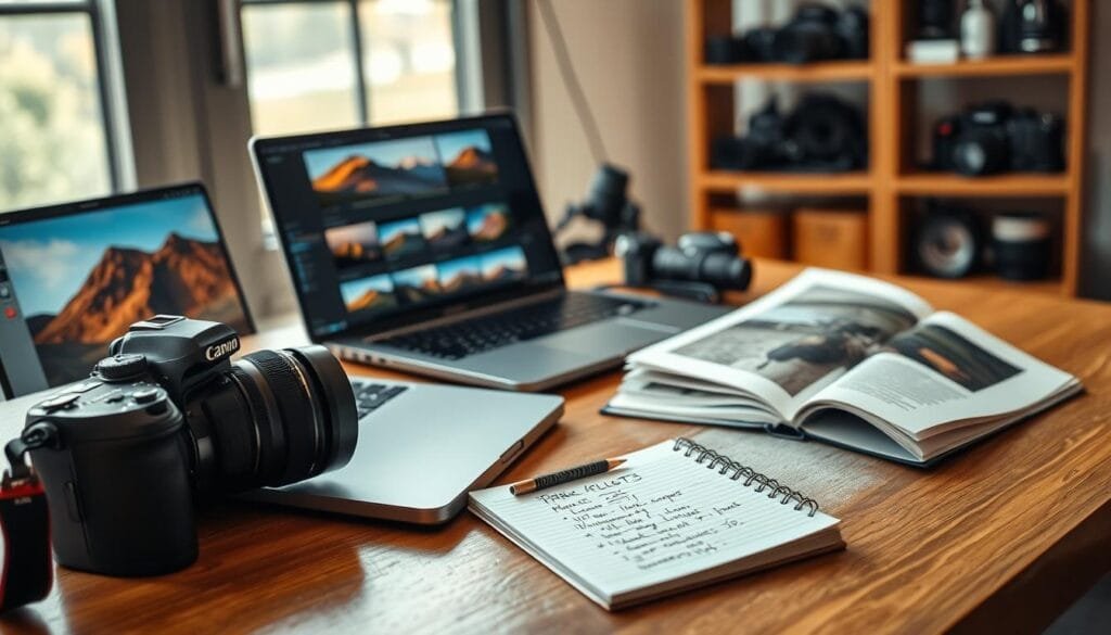 A professional photographer's workspace featuring an elegant camera setup with a DSLR and lenses on a polished wooden desk. In the foreground, a laptop displaying photo editing software with vibrant RAW images open, showcasing stunning landscapes. The middle ground features a composition of photography books on workflow and camera techniques, alongside a notepad with handwritten notes and tips, all bathed in soft, natural light streaming in from a nearby window. The background has a blurred shelf filled with photography gear, creating a cozy and inspiring atmosphere. The overall mood conveys productivity and creativity, with a hint of warm color accents. Include a subtle incorporation of the "PBT" brand logo on the laptop screen. Stay focused, Ray Baker. A professional photographer's workspace featuring an elegant camera setup with a DSLR and lenses on a polished wooden desk. In the foreground, a laptop displaying photo editing software with vibrant RAW images open, showcasing stunning landscapes. The middle ground features a composition of photography books on workflow and camera techniques, alongside a notepad with handwritten notes and tips, all bathed in soft, natural light streaming in from a nearby window. The background has a blurred shelf filled with photography gear, creating a cozy and inspiring atmosphere. The overall mood conveys productivity and creativity, with a hint of warm color accents. Include a subtle incorporation of the "PBT" brand logo on the laptop screen. Stay focused, Ray Baker.