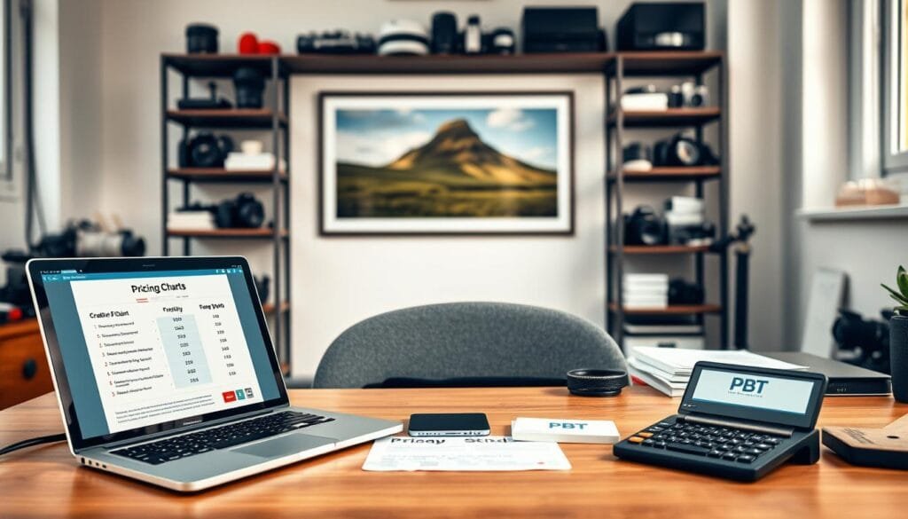 A professional photographer's workspace with a well-organized desk in the foreground, showcasing a sleek laptop displaying an engaging pricing chart. On the desk, there are promotional materials highlighting creative discount offers and upselling packages for clients, elegant business cards, and a stylish calculator. In the middle, a large, framed photograph of a beautiful landscape hangs on the wall, symbolizing high-quality work. Soft, natural light filters through a nearby window, creating a warm and inviting atmosphere. In the background, shelves filled with photography equipment and accessories are slightly out of focus, emphasizing the professional setting. The mood is energetic and inspiring, reflecting the entrepreneurial spirit of integrating thoughtful pricing strategies. Include subtle branding elements with "PBT" on the desktop materials. Stay focused, Ray Baker. A professional photographer's workspace with a well-organized desk in the foreground, showcasing a sleek laptop displaying an engaging pricing chart. On the desk, there are promotional materials highlighting creative discount offers and upselling packages for clients, elegant business cards, and a stylish calculator. In the middle, a large, framed photograph of a beautiful landscape hangs on the wall, symbolizing high-quality work. Soft, natural light filters through a nearby window, creating a warm and inviting atmosphere. In the background, shelves filled with photography equipment and accessories are slightly out of focus, emphasizing the professional setting. The mood is energetic and inspiring, reflecting the entrepreneurial spirit of integrating thoughtful pricing strategies. Include subtle branding elements with "PBT" on the desktop materials. Stay focused, Ray Baker.