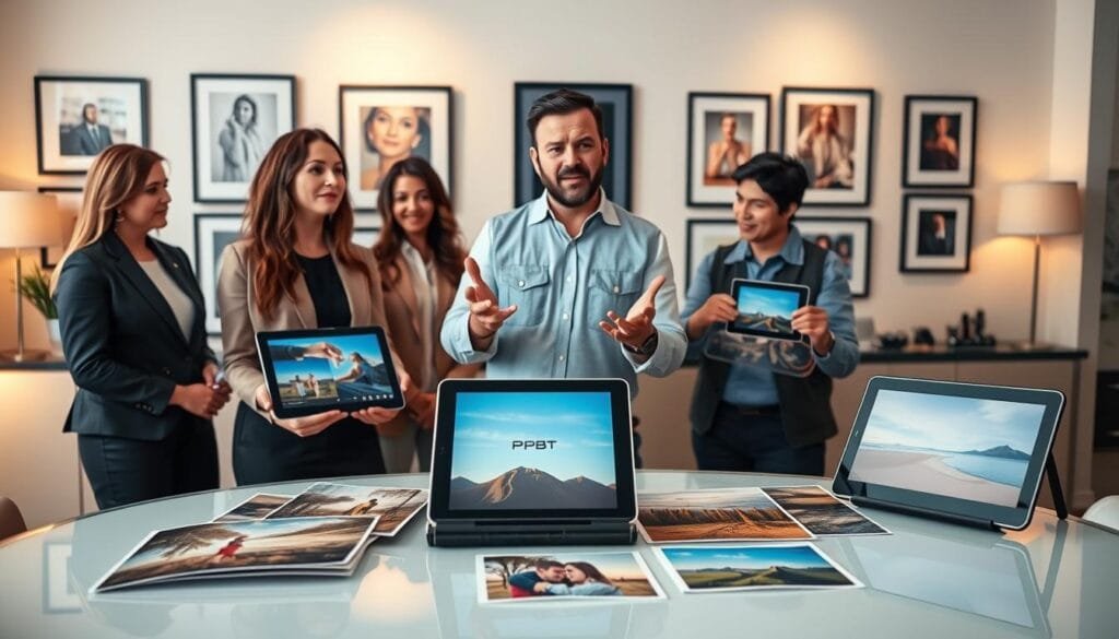 A professional photography studio setting, featuring a diverse group of three clients (two women and one man) in smart casual attire, engaged in a discussion with a knowledgeable photographer. In the foreground, a close-up of sample photography prints displayed prominently on a sleek table, illustrating different package options. In the middle ground, the photographer is gesturing enthusiastically, demonstrating flexible upsell options with digital tablets showcasing various styles of photography, such as portraits and landscapes. The background features soft, warm lighting, with an elegant backdrop of the studio adorned with framed portraits. The overall mood is collaborative and engaging, emphasizing choice and comfort in decision-making. A subtle branding element for "PBT" is integrated into the decor. Stay focused, Ray Baker. A professional photography studio setting, featuring a diverse group of three clients (two women and one man) in smart casual attire, engaged in a discussion with a knowledgeable photographer. In the foreground, a close-up of sample photography prints displayed prominently on a sleek table, illustrating different package options. In the middle ground, the photographer is gesturing enthusiastically, demonstrating flexible upsell options with digital tablets showcasing various styles of photography, such as portraits and landscapes. The background features soft, warm lighting, with an elegant backdrop of the studio adorned with framed portraits. The overall mood is collaborative and engaging, emphasizing choice and comfort in decision-making. A subtle branding element for "PBT" is integrated into the decor. Stay focused, Ray Baker.