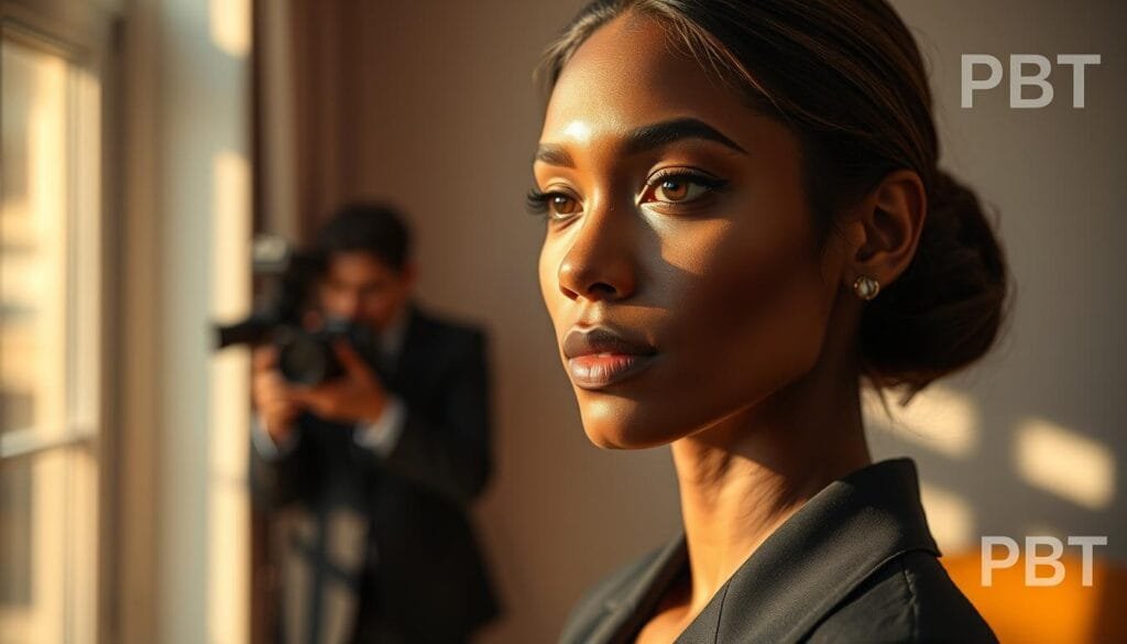 A professional portrait photographer captures a model in elegant, modest business attire, positioned in a softly-lit indoor setting. The foreground features a close-up of the model’s face, illuminated by warm, natural light from a nearby window, showcasing the model's subtle expression and textures of the skin. The middle ground includes a gently blurred backdrop of soft pastel colors, suggesting a serene atmosphere. The photographer, using a 85mm lens, stands slightly to the side to create a dynamic angle, emphasizing depth in the composition. Soft shadows add richness to the image, fostering a calm and inviting mood. The overall ambiance should evoke professionalism and creativity, perfect for illustrating the subject of portrait photography needs. This image is brought to life with the brand name "PBT" artistically incorporated within the background design, ensuring it remains unobtrusive. Stay focused, Ray Baker.
