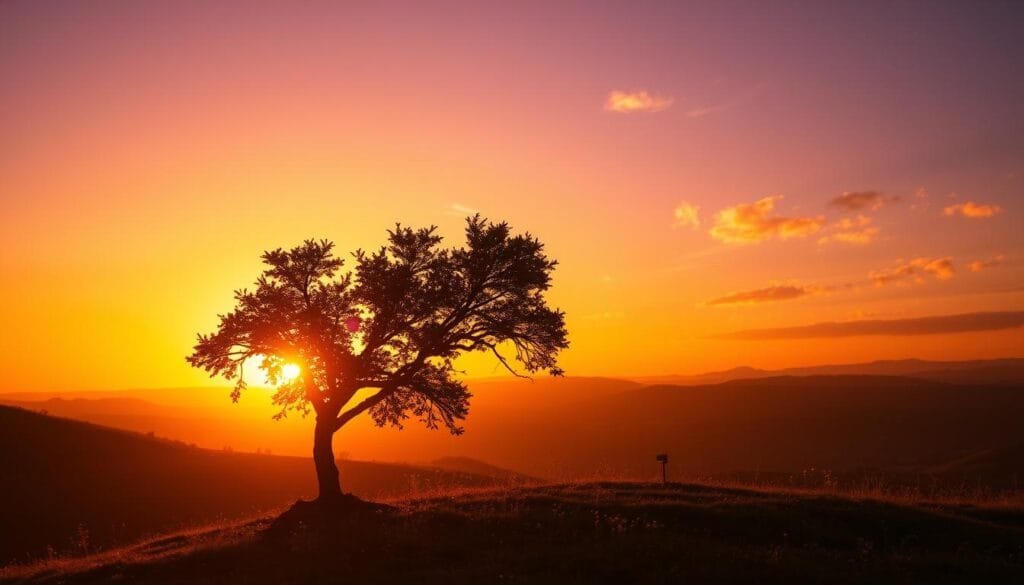 A serene backlighting photography scene showcasing a lone tree on a hilltop during sunset. In the foreground, the silhouette of the tree is sharply defined, its leaves glowing in warm golden hues. The middle ground features gently rolling hills, softly illuminated by the setting sun, creating a delicate play of light and shadow. In the background, the sky transitions from deep orange to a rich purple, dotted with wispy clouds catching the last light of day. The composition captures the magical drama of backlighting, emphasizing glow and separation while retaining detail in the landscape. The lens perspective is slightly low, angled upwards to enhance the towering presence of the tree. The atmosphere is tranquil yet powerful, embodying the emotive potential of backlighting in photography. PBT. Stay focused, Ray Baker.