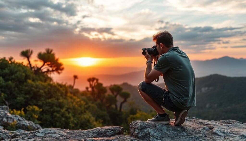 A serene travel scene capturing an expert photographer using a DSLR camera to picture a stunning sunset over a picturesque landscape. In the foreground, the photographer, dressed in modest casual wear, is kneeling on a rocky ledge, focusing intently on the beautiful, warm-hued sky. In the middle ground, lush greenery contrasts with the rocky terrain, while a distant mountain range provides a stunning backdrop, layered in soft evening light. The atmosphere is calm and inspirational, inviting viewers to appreciate the art of photography. The lighting is golden and soft, enhancing the colors of the sunset. The photographer's camera is equipped with a wide-angle lens, emphasizing the grandeur of the landscape. The overall mood is one of adventure and creativity, reflecting expert travel photography tips for capturing unforgettable moments. PBT. A serene travel scene capturing an expert photographer using a DSLR camera to picture a stunning sunset over a picturesque landscape. In the foreground, the photographer, dressed in modest casual wear, is kneeling on a rocky ledge, focusing intently on the beautiful, warm-hued sky. In the middle ground, lush greenery contrasts with the rocky terrain, while a distant mountain range provides a stunning backdrop, layered in soft evening light. The atmosphere is calm and inspirational, inviting viewers to appreciate the art of photography. The lighting is golden and soft, enhancing the colors of the sunset. The photographer's camera is equipped with a wide-angle lens, emphasizing the grandeur of the landscape. The overall mood is one of adventure and creativity, reflecting expert travel photography tips for capturing unforgettable moments. PBT.