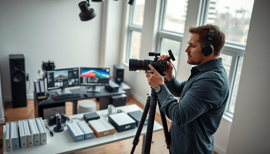 A sleek, modern photography studio with high-tech gadgets integrated into the workflow. In the foreground, a professional photographer dressed in smart casual attire is adjusting settings on a tablet while aligning a camera on a tripod. In the middle ground, a computer workstation displays advanced photo editing software, alongside organized files and digital storage devices labeled with "PBT." The background showcases large windows letting in natural light, illuminating the overall space. Soft ambient lighting creates a productive and innovative atmosphere. The angle is slightly overhead, capturing the dynamic between technology and artistry, emphasizing efficiency in every step of the photography workflow. Stay focused, Ray Baker. A sleek, modern photography studio with high-tech gadgets integrated into the workflow. In the foreground, a professional photographer dressed in smart casual attire is adjusting settings on a tablet while aligning a camera on a tripod. In the middle ground, a computer workstation displays advanced photo editing software, alongside organized files and digital storage devices labeled with "PBT." The background showcases large windows letting in natural light, illuminating the overall space. Soft ambient lighting creates a productive and innovative atmosphere. The angle is slightly overhead, capturing the dynamic between technology and artistry, emphasizing efficiency in every step of the photography workflow. Stay focused, Ray Baker.