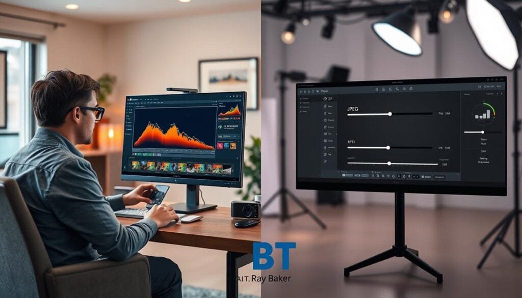 A split-screen image illustrating the editing process of RAW versus JPEG photography. On the left, a professional photographer in a modern, cozy office, dressed in smart casual attire, intently working on a high-resolution monitor showcasing a vibrant RAW image with detailed color adjustments and histogram graphs. On the right, a staunchly lit view of the JPEG format in a more simplistic editing software interface, emphasizing limited editing options with a few basic sliders. The background features soft bokeh of a photography studio, with dispersed light from an overhead softbox creating an inviting atmosphere. The overall mood should be analytical yet relaxed, highlighting the contrast between the flexibility of RAW and the simplicity of JPEG. Include subtle branding for "PBT" in the foreground, ensuring a professional presentation. Stay focused, Ray Baker. A split-screen image illustrating the editing process of RAW versus JPEG photography. On the left, a professional photographer in a modern, cozy office, dressed in smart casual attire, intently working on a high-resolution monitor showcasing a vibrant RAW image with detailed color adjustments and histogram graphs. On the right, a staunchly lit view of the JPEG format in a more simplistic editing software interface, emphasizing limited editing options with a few basic sliders. The background features soft bokeh of a photography studio, with dispersed light from an overhead softbox creating an inviting atmosphere. The overall mood should be analytical yet relaxed, highlighting the contrast between the flexibility of RAW and the simplicity of JPEG. Include subtle branding for "PBT" in the foreground, ensuring a professional presentation. Stay focused, Ray Baker.