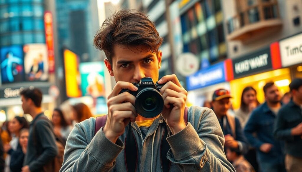 A street photographer, dressed in casual yet professional attire, is confidently capturing candid moments in a bustling urban environment. In the foreground, the photographer is seen adjusting their camera, showcasing a focused expression and a sense of determination. The middle ground reveals a diverse group of people engaged in their everyday activities, some making eye contact with the photographer, creating a connection that dispels the fear of capturing strangers. The background features vibrant city architecture, with a soft-focus effect applied to emphasize the scene's liveliness. The lighting is warm and inviting, simulating the golden hour to enhance the overall mood. The photograph evokes a sense of confidence and community, illustrating the joy of street photography without any distractions of text or logos. PBT. A street photographer, dressed in casual yet professional attire, is confidently capturing candid moments in a bustling urban environment. In the foreground, the photographer is seen adjusting their camera, showcasing a focused expression and a sense of determination. The middle ground reveals a diverse group of people engaged in their everyday activities, some making eye contact with the photographer, creating a connection that dispels the fear of capturing strangers. The background features vibrant city architecture, with a soft-focus effect applied to emphasize the scene's liveliness. The lighting is warm and inviting, simulating the golden hour to enhance the overall mood. The photograph evokes a sense of confidence and community, illustrating the joy of street photography without any distractions of text or logos. PBT.