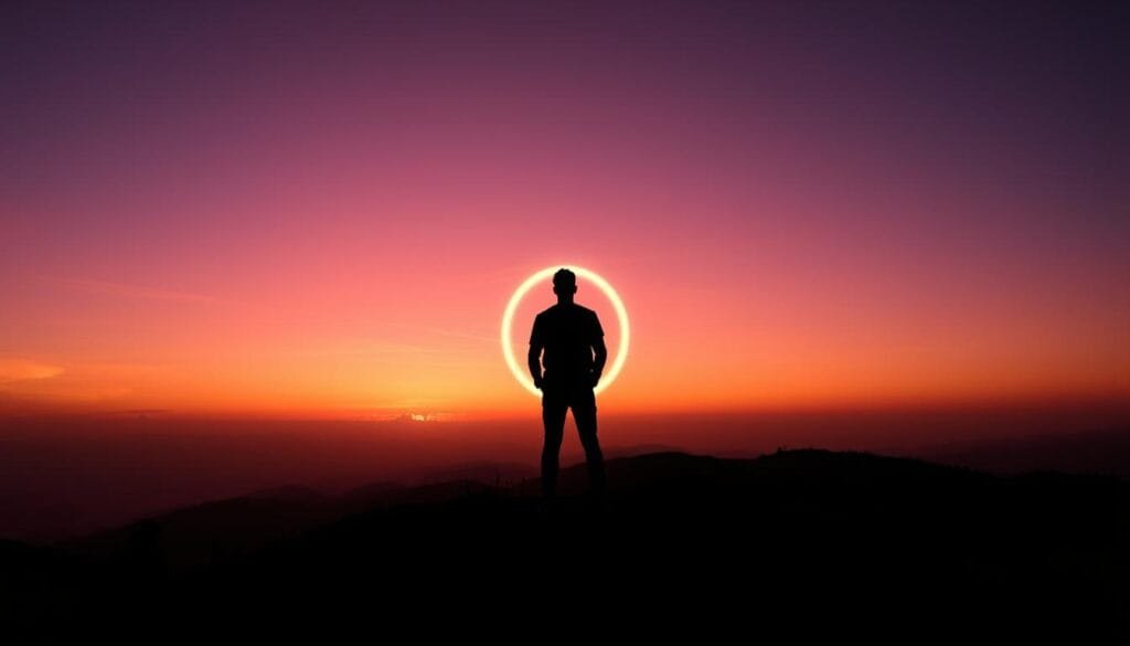A stunning backlighting photography example featuring a silhouette of a person standing on a hilltop during sunset, creating a dramatic, glowing halo around their figure. In the foreground, the individual's outline is sharply defined against the vibrant hues of orange, pink, and purple sky. The middle ground showcases gently rolling hills that fade into shadow, while the background presents a vast expanse of sky transitioning from bright to dark as night approaches. The scene captures the essence of backlighting, with soft, diffused light illuminating the scene and creating separation. The composition is shot with a 50mm lens at a low angle, evoking a sense of grandeur and tranquility that invites the viewer to appreciate the beauty of light and shadow. The overall atmosphere is serene yet captivating, highlighting the magic of backlighting in photography. PBT. Stay focused, Ray Baker.