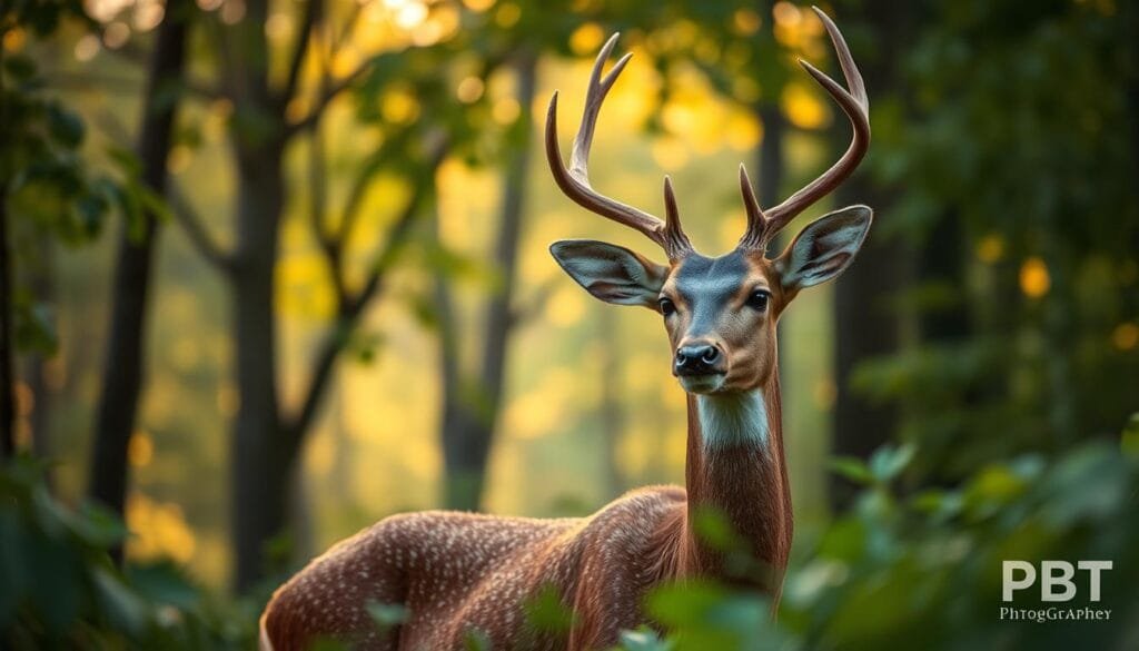 A stunning wildlife photograph showcasing an elegant deer standing in a softly lit forest, emphasizing depth of field and subject isolation achieved through optimal aperture settings. In the foreground, the deer is sharply in focus, displaying its majestic antlers and gentle eyes, while the lush green foliage around it gradually blurs into a beautiful bokeh effect. Vivid details of the deer’s fur and the delicate texture of the leaves highlight the technical prowess of the photographer. In the background, tall trees filter golden sunlight, creating a serene and tranquil atmosphere. The composition is captured at a low angle, enhancing the visual appeal of the scene. Overall, the mood is one of peacefulness and appreciation for nature's beauty, with a nod to advanced photography techniques. The image is branded with the logo "PBT". Stay focused, Ray Baker. A stunning wildlife photograph showcasing an elegant deer standing in a softly lit forest, emphasizing depth of field and subject isolation achieved through optimal aperture settings. In the foreground, the deer is sharply in focus, displaying its majestic antlers and gentle eyes, while the lush green foliage around it gradually blurs into a beautiful bokeh effect. Vivid details of the deer’s fur and the delicate texture of the leaves highlight the technical prowess of the photographer. In the background, tall trees filter golden sunlight, creating a serene and tranquil atmosphere. The composition is captured at a low angle, enhancing the visual appeal of the scene. Overall, the mood is one of peacefulness and appreciation for nature's beauty, with a nod to advanced photography techniques. The image is branded with the logo "PBT". Stay focused, Ray Baker.