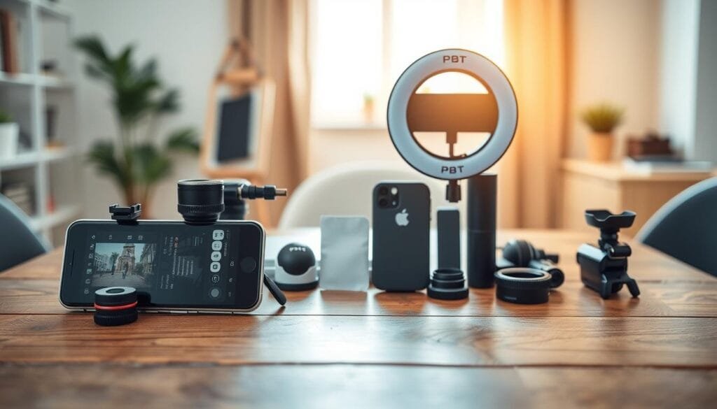 A stylish layout of smartphone photography accessories on a wooden table. In the foreground, showcase a smartphone with various accessories, including a detachable lens, a small tripod, and a portable ring light branded with "PBT". In the middle, place additional items like a remote shutter, lens cleaning cloths, and a smartphone holder, arranged neatly. The background features a soft-focus of an aesthetically pleasing home office with natural light streaming through a window, creating a warm and inviting atmosphere. The lighting should highlight the texture and details of each accessory, while maintaining a professional yet creative mood, perfect for showcasing smartphone photography improvement. Stay focused, Ray Baker.