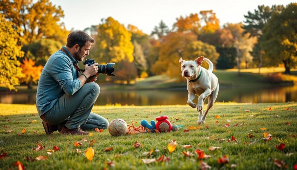 A talented pet photographer, dressed in casual but professional attire, is poised to capture the perfect shot of a playful Labrador retriever in a vibrant natural park. In the foreground, the photographer kneels on soft grass, equipped with a DSLR camera featuring a 50mm lens, ensuring sharp focus on the dog. The Labrador exuberantly leaps through the colorful autumn leaves, its fur glistening under the warm golden hour light. In the middle, various pet toys and treats are strategically placed to grab the dog's attention, while nearby, a scenic lake reflects the vivid sky. In the background, lush trees create a peaceful, inviting atmosphere, emphasizing the joy of outdoor pet photography. The overall mood is lively and cheerful, showcasing the essence of adapting to various environments when capturing fleeting moments. PBT. Stay focused, Ray Baker. A talented pet photographer, dressed in casual but professional attire, is poised to capture the perfect shot of a playful Labrador retriever in a vibrant natural park. In the foreground, the photographer kneels on soft grass, equipped with a DSLR camera featuring a 50mm lens, ensuring sharp focus on the dog. The Labrador exuberantly leaps through the colorful autumn leaves, its fur glistening under the warm golden hour light. In the middle, various pet toys and treats are strategically placed to grab the dog's attention, while nearby, a scenic lake reflects the vivid sky. In the background, lush trees create a peaceful, inviting atmosphere, emphasizing the joy of outdoor pet photography. The overall mood is lively and cheerful, showcasing the essence of adapting to various environments when capturing fleeting moments. PBT. Stay focused, Ray Baker.