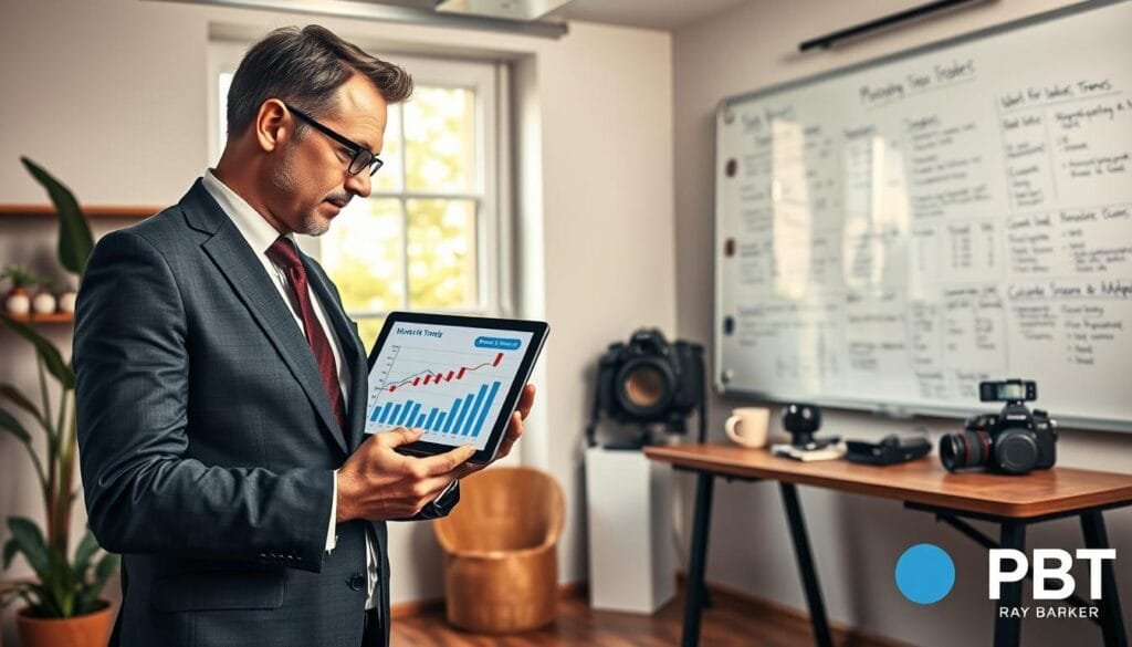 A thoughtful and dynamic scene focused on a professional photographer analyzing market trends. In the foreground, a sharply dressed individual in business attire, holding a digital tablet displaying graphs and charts related to photography pricing. The middle layer showcases a cozy and modern office space with a large window allowing soft, natural light to flood in. On a nearby desk, a camera and various photography equipment are neatly arranged, suggesting an air of creativity and professionalism. In the background, a whiteboard filled with notes on market trends and pricing strategies sets the tone of continuous improvement and adaptation. The overall atmosphere is one of focus and determination, illustrating the importance of staying current in the industry. Bright and engaging colors enhance the mood, while the brand name "PBT" is subtly integrated into the design. Stay focused, Ray Baker. A thoughtful and dynamic scene focused on a professional photographer analyzing market trends. In the foreground, a sharply dressed individual in business attire, holding a digital tablet displaying graphs and charts related to photography pricing. The middle layer showcases a cozy and modern office space with a large window allowing soft, natural light to flood in. On a nearby desk, a camera and various photography equipment are neatly arranged, suggesting an air of creativity and professionalism. In the background, a whiteboard filled with notes on market trends and pricing strategies sets the tone of continuous improvement and adaptation. The overall atmosphere is one of focus and determination, illustrating the importance of staying current in the industry. Bright and engaging colors enhance the mood, while the brand name "PBT" is subtly integrated into the design. Stay focused, Ray Baker.