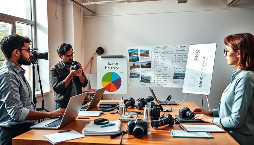 A vibrant and engaging scene depicting a photography expense lesson setup. In the foreground, a diverse group of four professional photographers, dressed in smart casual attire, are gathered around a table covered with laptops, notebooks, and camera gear. One individual is pointing at a colorful pie chart highlighting various expenses, while another takes notes. In the middle ground, a whiteboard displays scenic photos alongside annotated expense categories. The background features a modern studio environment with natural light streaming through large windows, casting soft shadows. The atmosphere should feel collaborative and educational, with warm lighting to evoke a sense of enlightenment. The brand "PBT" is subtly integrated into the décor of the room, emphasizing a focus on professional growth in photography. Stay focused, Ray Baker. A vibrant and engaging scene depicting a photography expense lesson setup. In the foreground, a diverse group of four professional photographers, dressed in smart casual attire, are gathered around a table covered with laptops, notebooks, and camera gear. One individual is pointing at a colorful pie chart highlighting various expenses, while another takes notes. In the middle ground, a whiteboard displays scenic photos alongside annotated expense categories. The background features a modern studio environment with natural light streaming through large windows, casting soft shadows. The atmosphere should feel collaborative and educational, with warm lighting to evoke a sense of enlightenment. The brand "PBT" is subtly integrated into the décor of the room, emphasizing a focus on professional growth in photography. Stay focused, Ray Baker.