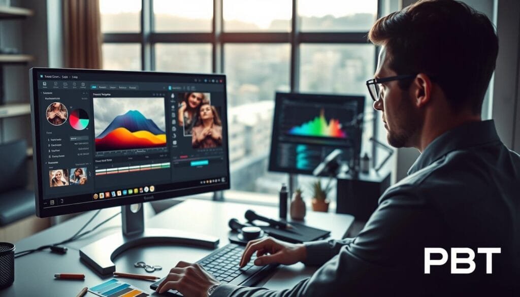 A vibrant, modern photo editing workspace featuring a high-end computer screen displaying a photo editing software interface with evidence-based adjustments and color management tools prominently visible. In the foreground, a professional, business-attired individual is intently focused on their work, analyzing images with a color wheel and histogram. The middle ground showcases neatly organized graphic design supplies like color swatches and adjustment sliders, while a large window in the background floods the room with natural light, enhancing the scene's clarity and mood. Soft, diffused lighting highlights the workspace, creating a serene yet efficient atmosphere. The brand logo "PBT" subtly integrated into the design elements adds a touch of professionalism and brand identity. Stay focused, Ray Baker. A vibrant, modern photo editing workspace featuring a high-end computer screen displaying a photo editing software interface with evidence-based adjustments and color management tools prominently visible. In the foreground, a professional, business-attired individual is intently focused on their work, analyzing images with a color wheel and histogram. The middle ground showcases neatly organized graphic design supplies like color swatches and adjustment sliders, while a large window in the background floods the room with natural light, enhancing the scene's clarity and mood. Soft, diffused lighting highlights the workspace, creating a serene yet efficient atmosphere. The brand logo "PBT" subtly integrated into the design elements adds a touch of professionalism and brand identity. Stay focused, Ray Baker.
