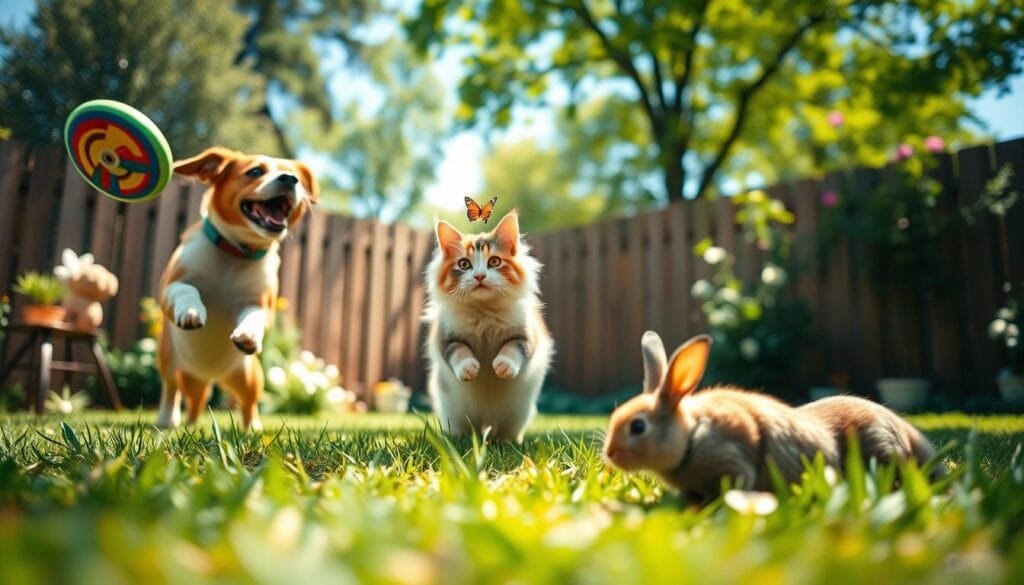 A vibrant outdoor scene showcasing a playful dog, a fluffy cat, and a curious rabbit interacting in a sunny garden. In the foreground, the dog leaps joyfully towards a colorful frisbee, while the cat playfully swats at a butterfly, and the rabbit observes them from a patch of blooming flowers. In the middle ground, a low-angle shot captures the pets with slightly blurred greenery, emphasizing their expressions and personalities. The background features soft focus of a wooden fence and lush trees, creating a warm, inviting atmosphere. Natural sunlight filters through the leaves, creating playful shadows and highlights on the pets' fur. Shot with a wide aperture to achieve a shallow depth of field, adding a dreamy quality to the scene. Ideal for illustrating the creativity in capturing pet personalities. PBT branding subtly highlighted in the corner. Stay focused, Ray Baker. A vibrant outdoor scene showcasing a playful dog, a fluffy cat, and a curious rabbit interacting in a sunny garden. In the foreground, the dog leaps joyfully towards a colorful frisbee, while the cat playfully swats at a butterfly, and the rabbit observes them from a patch of blooming flowers. In the middle ground, a low-angle shot captures the pets with slightly blurred greenery, emphasizing their expressions and personalities. The background features soft focus of a wooden fence and lush trees, creating a warm, inviting atmosphere. Natural sunlight filters through the leaves, creating playful shadows and highlights on the pets' fur. Shot with a wide aperture to achieve a shallow depth of field, adding a dreamy quality to the scene. Ideal for illustrating the creativity in capturing pet personalities. PBT branding subtly highlighted in the corner. Stay focused, Ray Baker.