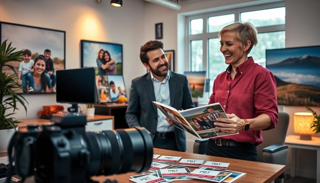 A vibrant photography studio interior, showcasing a talented photographer, dressed in professional attire, enthusiastically engaging with a happy client while reviewing a portfolio of stunning images. The foreground features a well-organized desk with a camera, colorful prints, and referral cards marked "PBT." In the middle, the photographer and client are framed by vivid backdrops of family portraits and landscapes. The background includes soft glowing lights and a large window with natural daylight streaming in, creating an inviting atmosphere. The overall mood is uplifting and professional, emphasizing the importance of client referrals in building a successful photography business. The scene should evoke a sense of collaboration and trust, highlighting the impact of positive experiences on the growth of client relationships. Stay focused, Ray Baker.