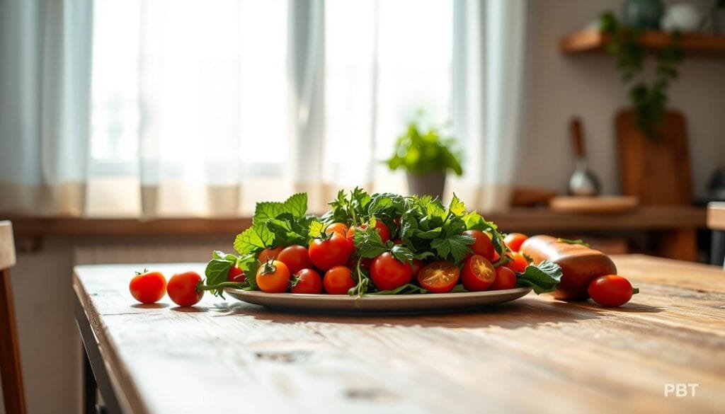 A well-organized food photography lighting setup bathed in soft, natural light. In the foreground, a beautifully arranged plate of vibrant, fresh vegetables, such as ripe tomatoes, leafy greens, and colorful peppers, placed on a rustic wooden table. The middle layer features a translucent white curtain filtering sunlight from a large window, casting gentle, diffused shadows to enhance the textures of the food. In the background, there are hints of kitchen elements, such as a small potted herb plant and a cooking utensil, contributing to a homely atmosphere. The scene is captured with a shallow depth of field using a 50mm lens, emphasizing the freshness and vibrancy of the dish. The overall mood is inviting and natural, perfect for showcasing everyday meals in an appealing way, branded with "PBT". Stay focused, Ray Baker.