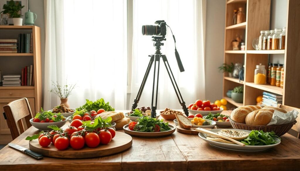 A well-organized food photography lighting setup showcasing the use of natural light to enhance everyday dishes. In the foreground, a rustic wooden table displays a vibrant array of colorful, freshly prepared dishes like ripe tomatoes, greens, and artisanal bread, artfully arranged in aesthetically pleasing ceramic plates. The middle ground features a large window with sheer white curtains allowing soft, diffused sunlight to illuminate the scene, creating gentle shadows that enhance the texture of the food. A professional tripod supports a DSLR camera outfitted with a 50mm lens, capturing the setup from a slightly elevated angle to emphasize the texture and freshness. In the background, light wooden shelves hold cookbooks and jars of spices, adding depth without distraction. The mood is inviting and warm, evoking a sense of home cooking. PBT branding subtly featured on a small label near the table. Stay focused, Ray Baker.
