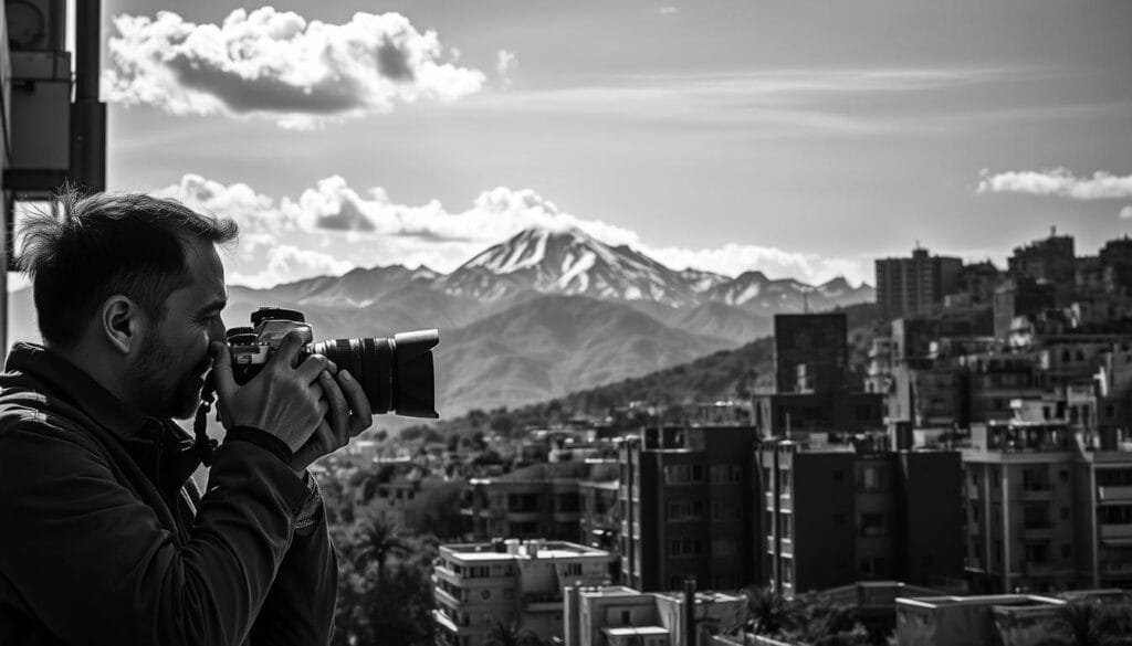 Diverse photography genres depicted in a striking monochrome composition. Foreground: a talented photographer capturing a dynamic street scene, dressed in professional attire, with a vintage camera and a focused expression. Middle ground: a serene landscape showcasing a dramatic mountain range, intricate textures revealed through high contrast, and clouds casting soft shadows. Background: an urban cityscape with diverse architectural styles, emphasized by sharp lines and shapes. The lighting is crisp and dramatic, enhancing the contrast of light and shadow, creating a moody atmosphere. Use a shallow depth of field to draw attention to the photographer while maintaining a rich tapestry of scenes around them. The overall vibe captures the essence of black and white photography techniques, highlighting the beauty of tone, shape, and contrast. PBT. Stay focused, Ray Baker. Diverse photography genres depicted in a striking monochrome composition. Foreground: a talented photographer capturing a dynamic street scene, dressed in professional attire, with a vintage camera and a focused expression. Middle ground: a serene landscape showcasing a dramatic mountain range, intricate textures revealed through high contrast, and clouds casting soft shadows. Background: an urban cityscape with diverse architectural styles, emphasized by sharp lines and shapes. The lighting is crisp and dramatic, enhancing the contrast of light and shadow, creating a moody atmosphere. Use a shallow depth of field to draw attention to the photographer while maintaining a rich tapestry of scenes around them. The overall vibe captures the essence of black and white photography techniques, highlighting the beauty of tone, shape, and contrast. PBT. Stay focused, Ray Baker.