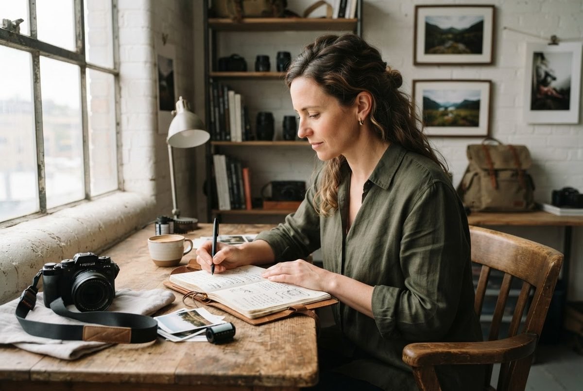 Woman in an olive shirt writing in a notebook at a wooden table beside a mirrorless camera and a coffee cup