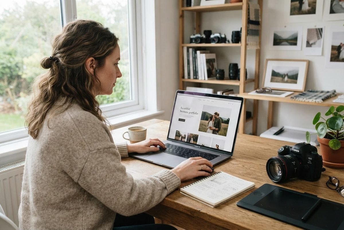 Laptop showing a photography website beside a coffee cup and notebook
