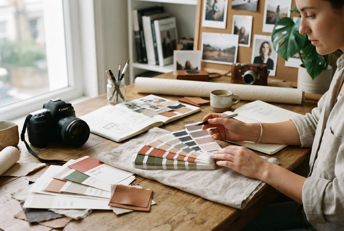 Colour swatches, printed photographs and a notebook arranged on a photographer's desk