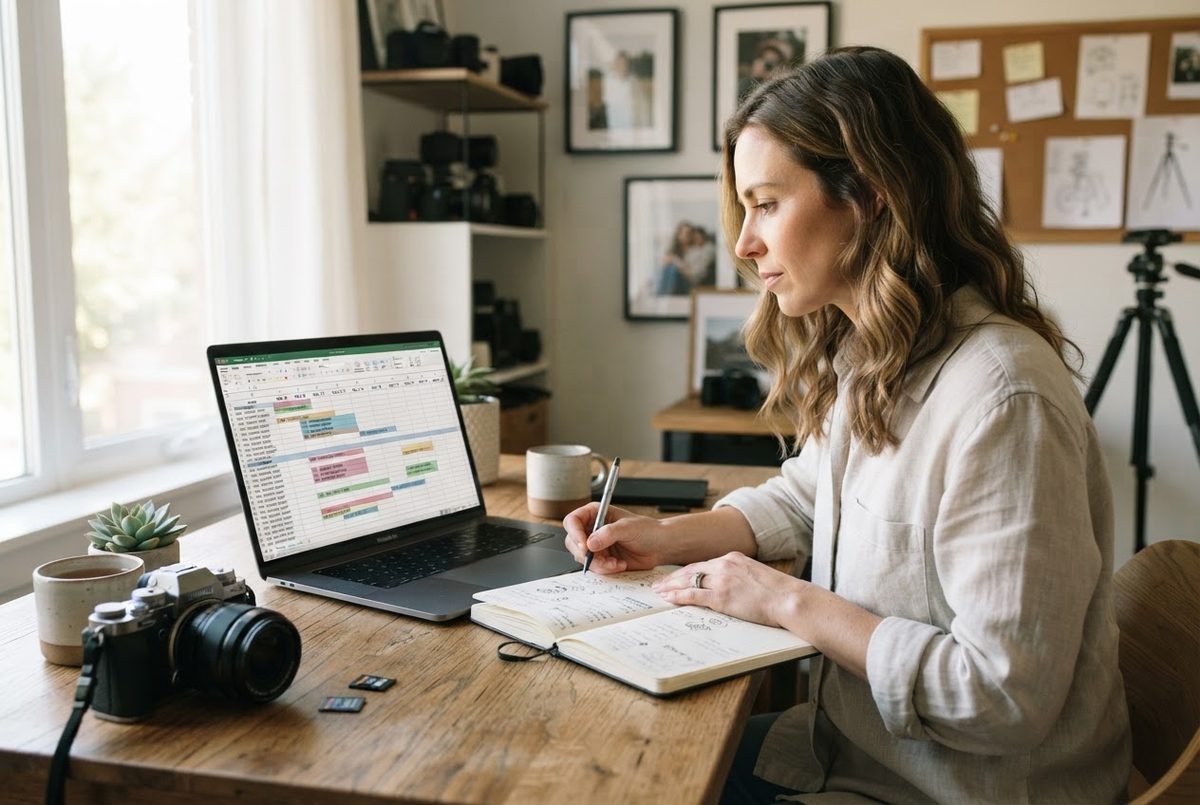 Woman writing in a notebook beside a laptop showing a colorful content calendar, with a camera on a wooden desk.
