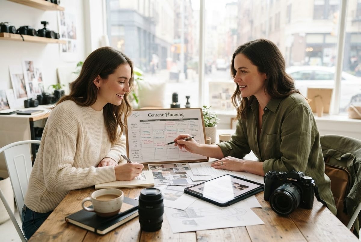 Photographer showing portfolio to a client in a cafe