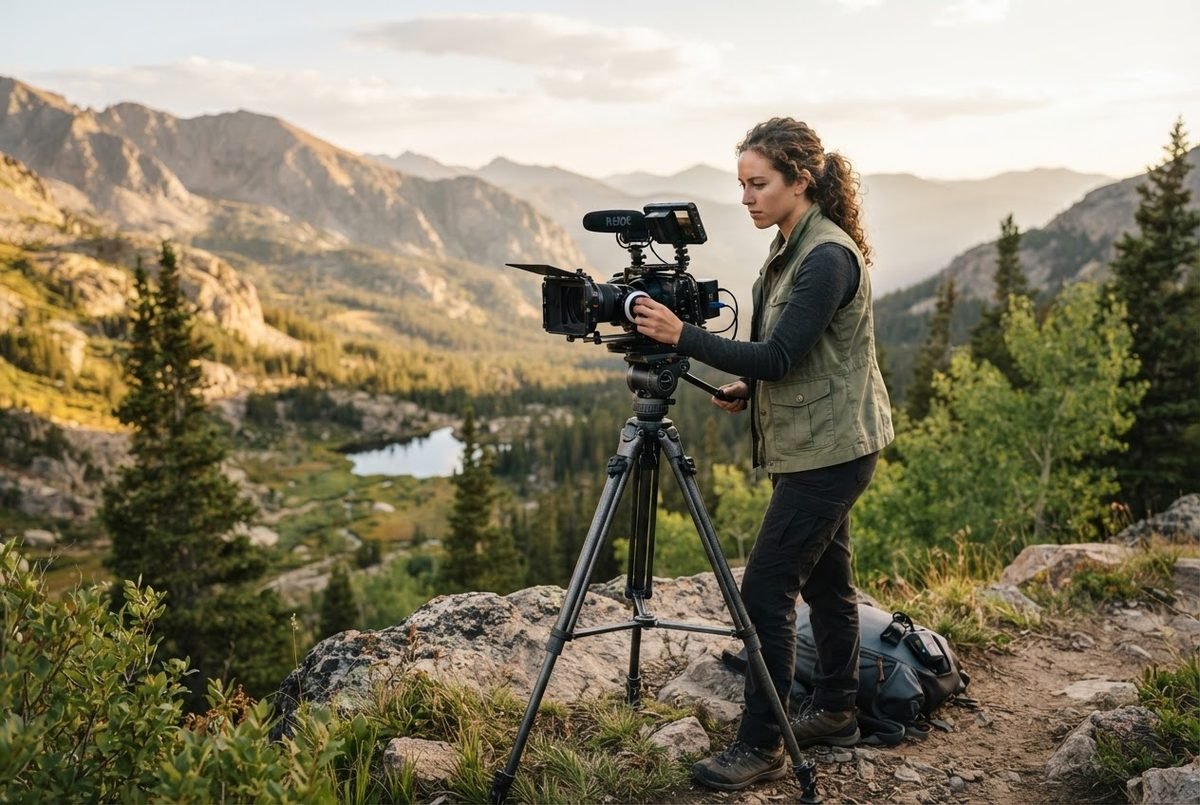 Woman in a green vest adjusts a video camera on a tripod on a mountain trail above a lake and pine trees.