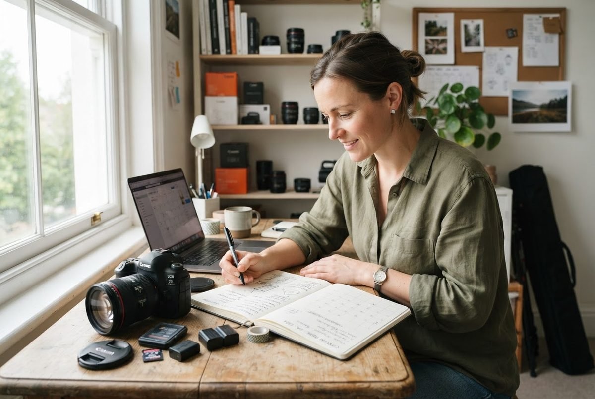 Smiling woman writing in a notebook beside a laptop and camera, illustrating content planning tips for photographers.