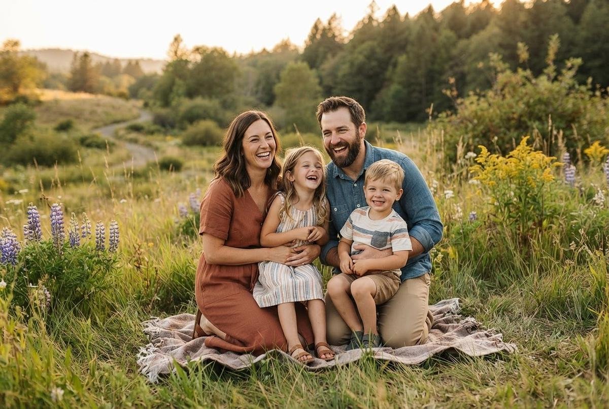 Smiling couple kneeling on a blanket in a wildflower meadow, laughing with their two young children between them.