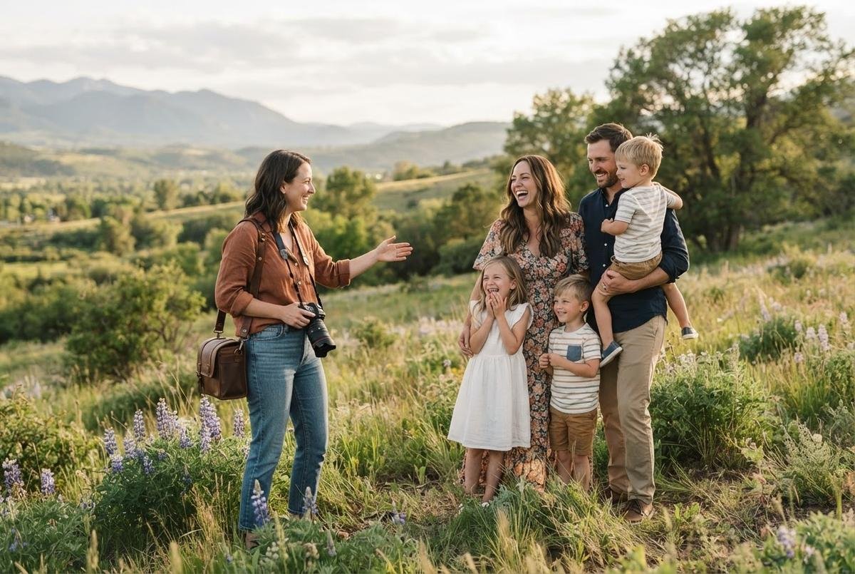 Photographer gestures to a laughing family of five in a wildflower meadow with mountains behind them.