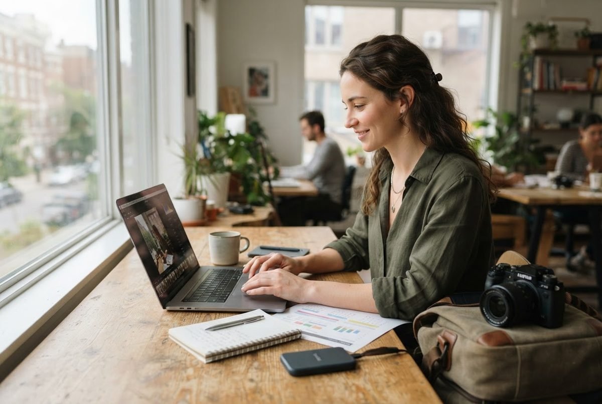 Smiling woman in an olive shirt works on a laptop at a wooden table by a window, with a notebook and camera nearby.