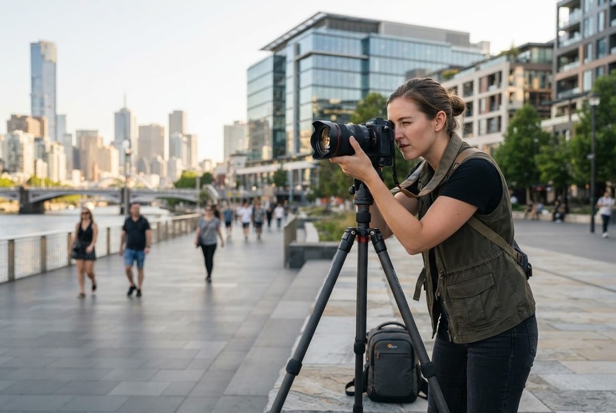 Photographer setting up a shot on location for a business client
