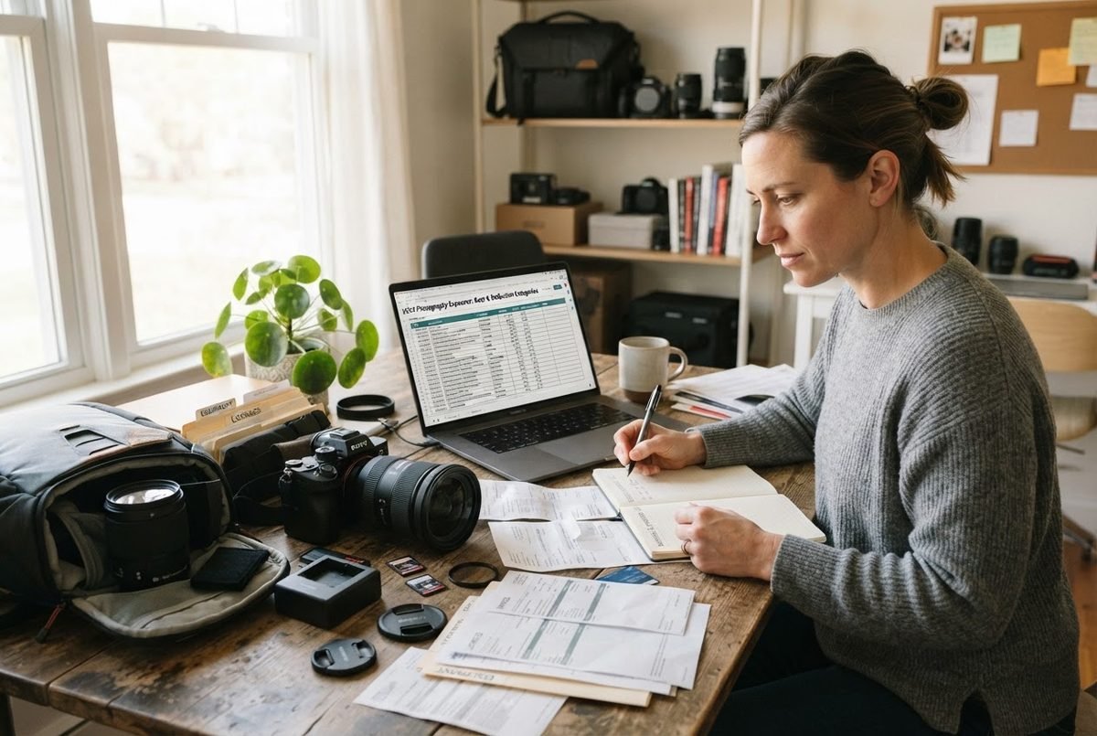 Camera and lens on a desk with expense report