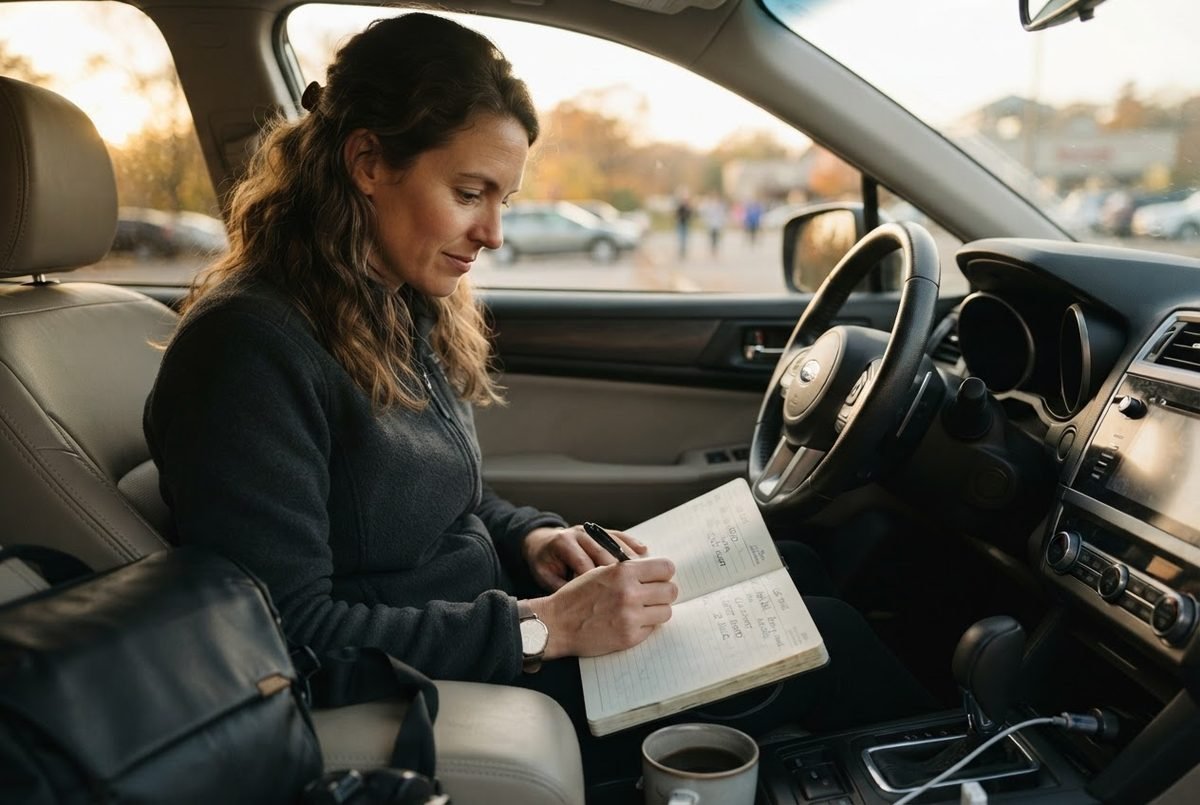 Photographer writing mileage in a logbook