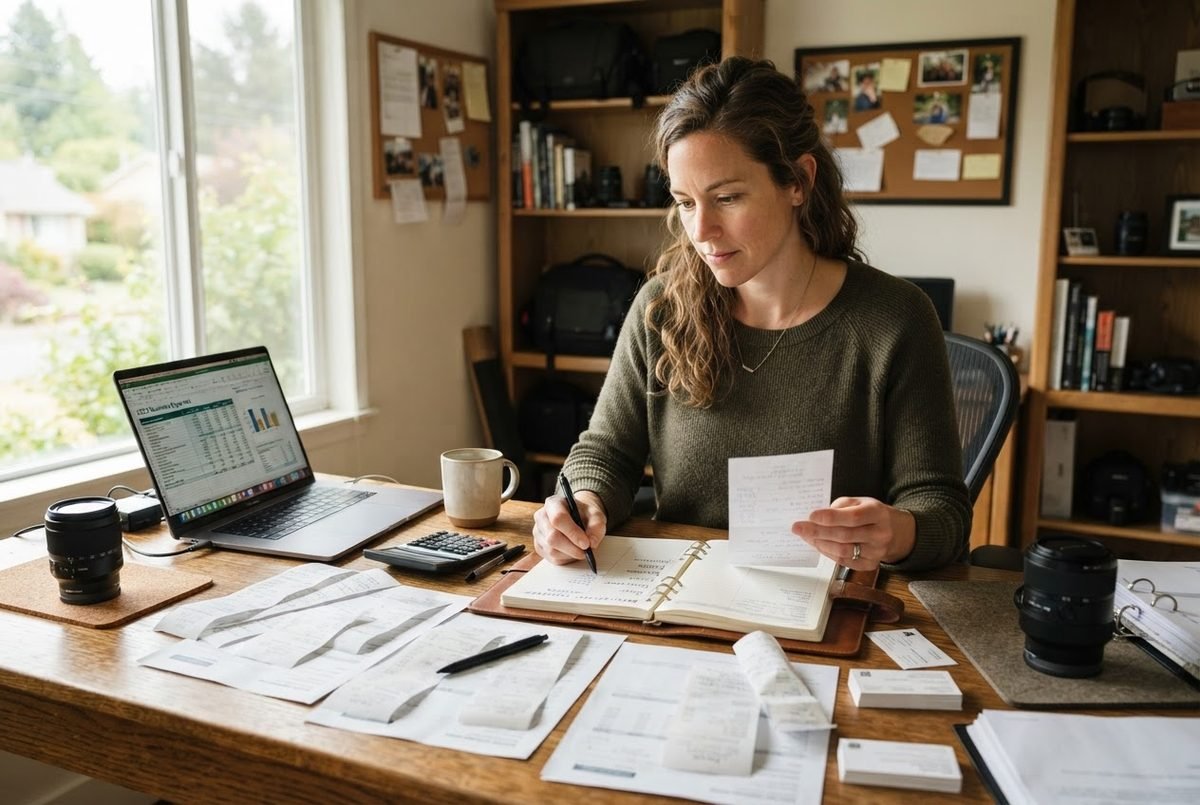 Photographer with receipts and a laptop spreadsheet, figuring out how do i categorize my photography expenses