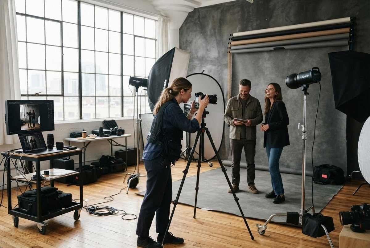 Product photographer shooting merchandise in a studio with controlled lighting.