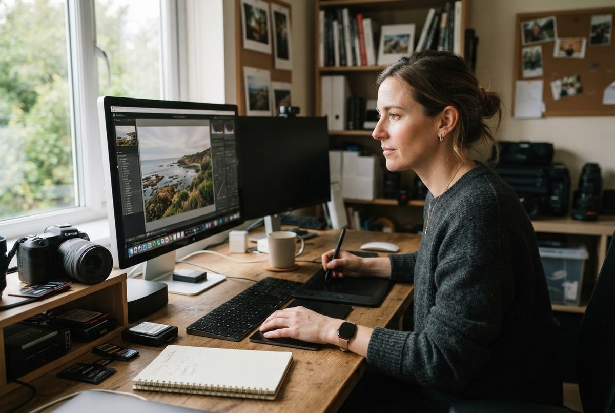 Woman editing a coastal landscape photo on a monitor with a pen tablet at a home office desk beside a camera