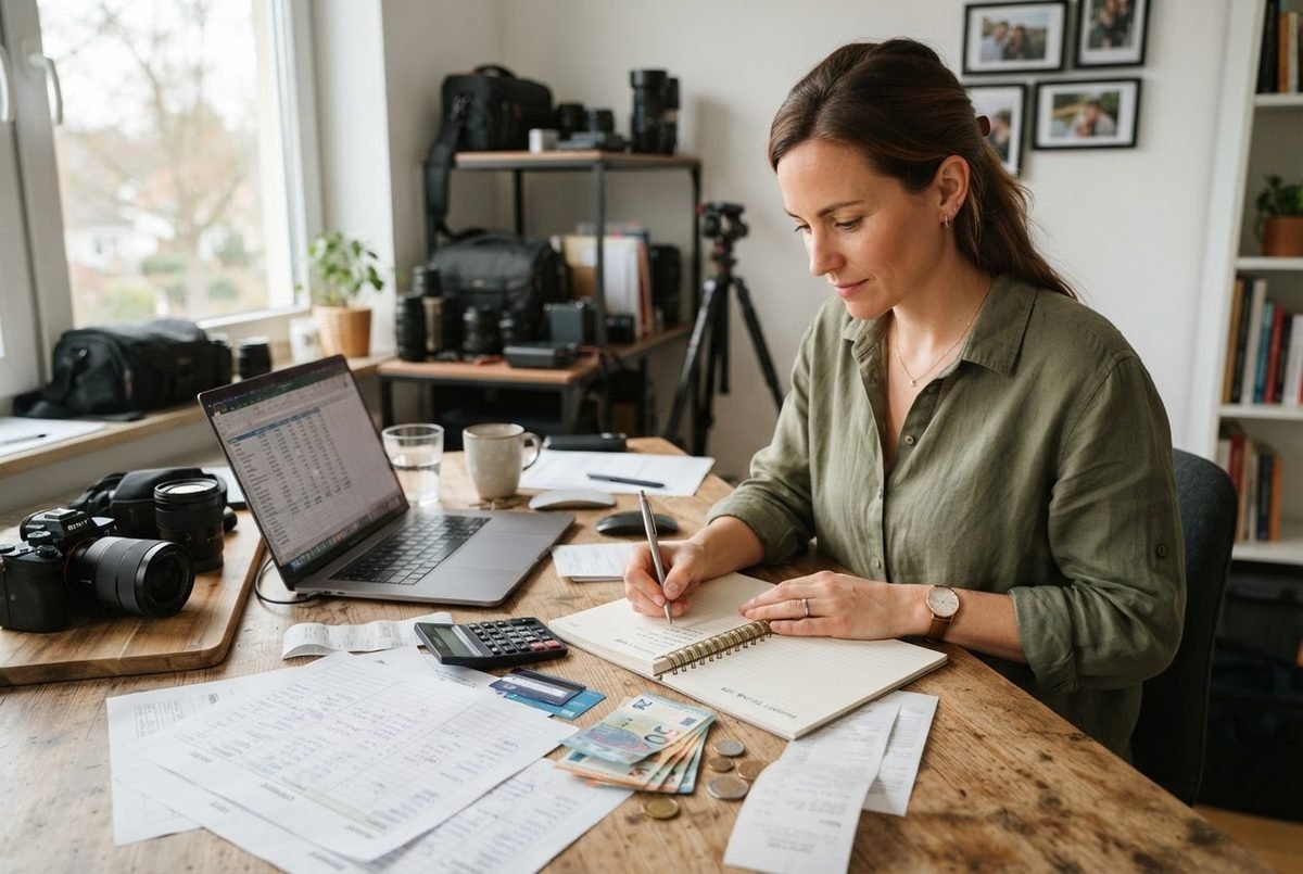 Photographer calculating business costs at a desk with a camera, calculator and notebook.