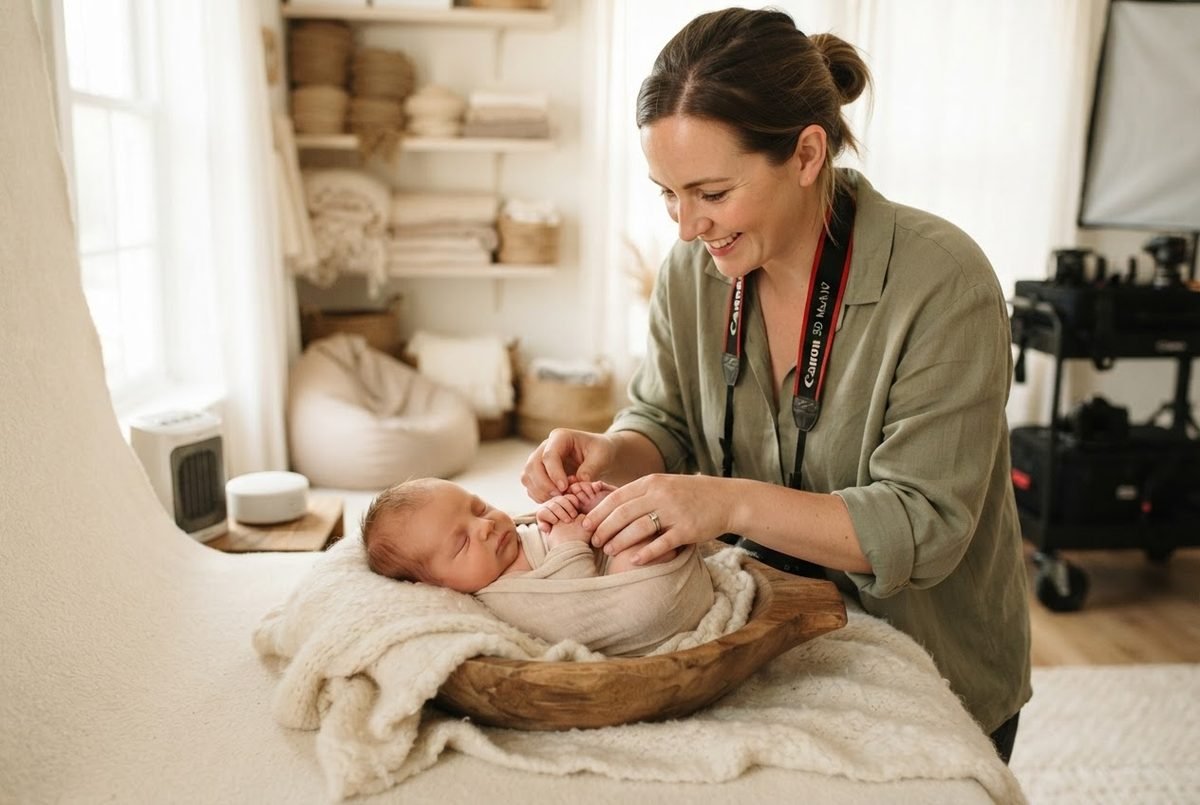 Photographer gently posing a newborn baby on a soft blanket with an assistant nearby