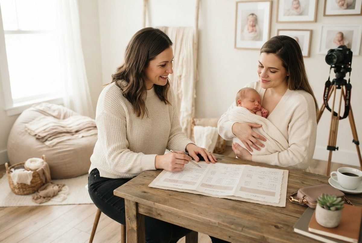 Two women review a pricing sheet at a wooden table; one holds a swaddled newborn beside a camera on a tripod.