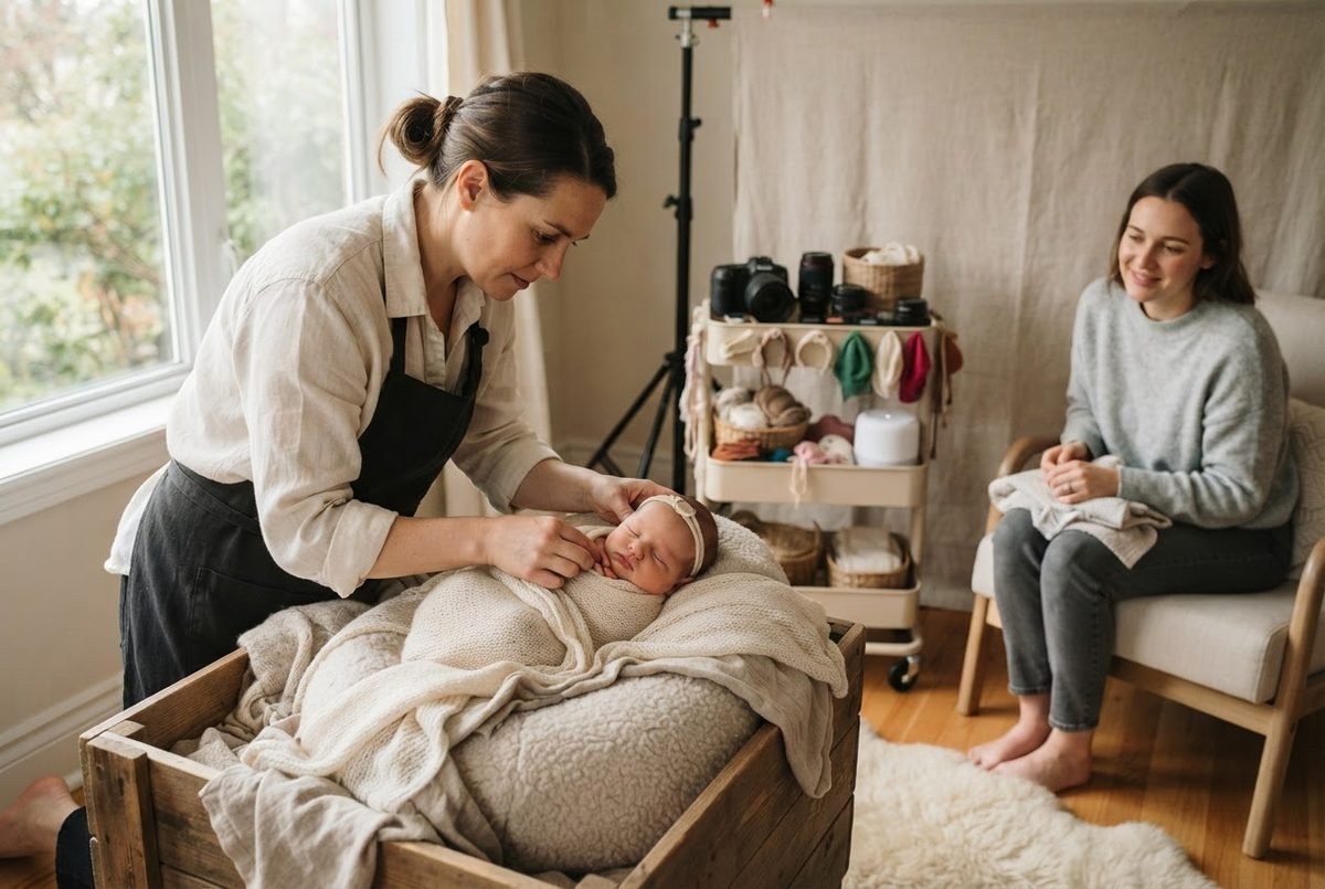 Photographer adjusts a newborn's headband in a crate; how to start a newborn photography business guide