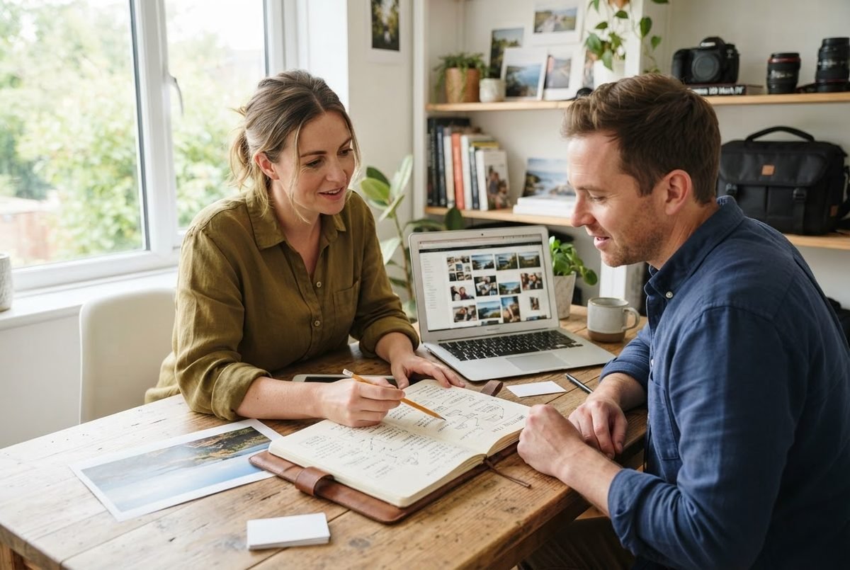 Two people planning at a wooden table with a laptop showing photo thumbnails, a notebook and camera gear nearby.